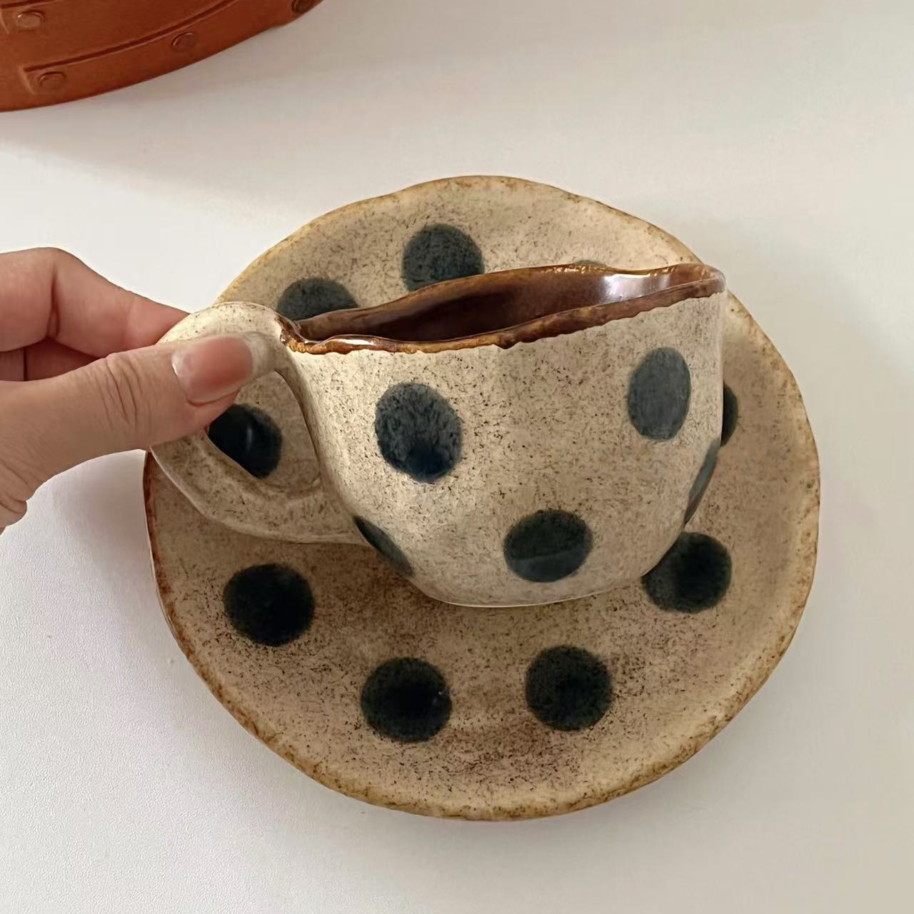 Vintage Handmade Polka Dot Coffee Mug & Saucer, Japanese Style Latte Art Cup