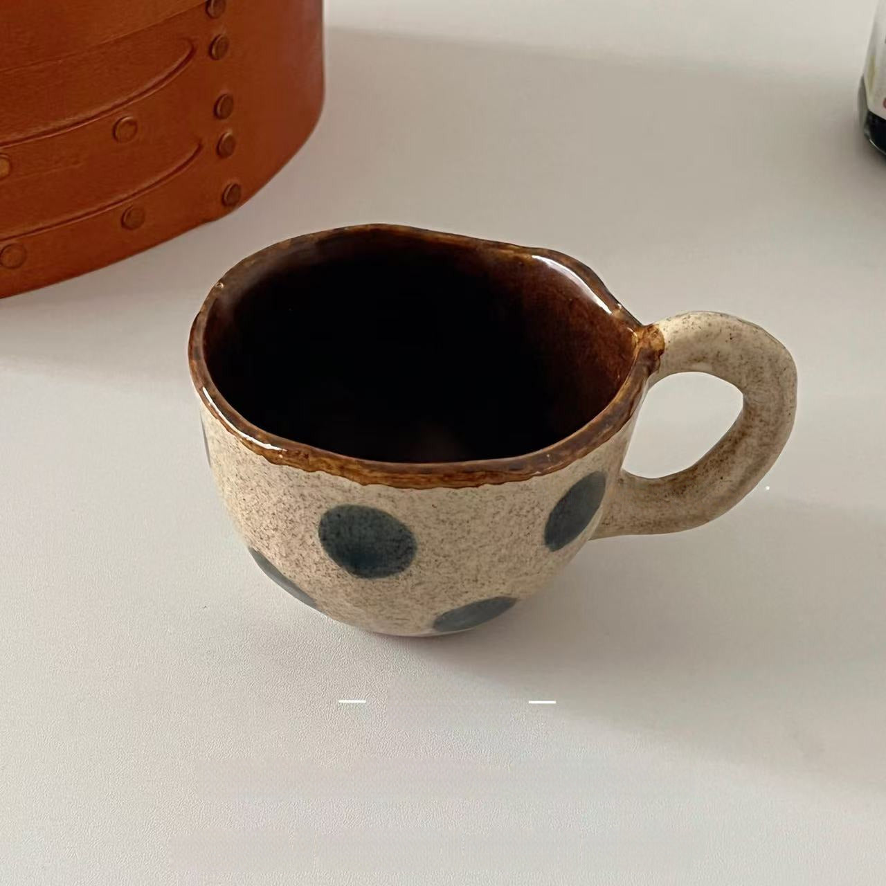 Vintage Handmade Polka Dot Coffee Mug & Saucer, Japanese Style Latte Art Cup