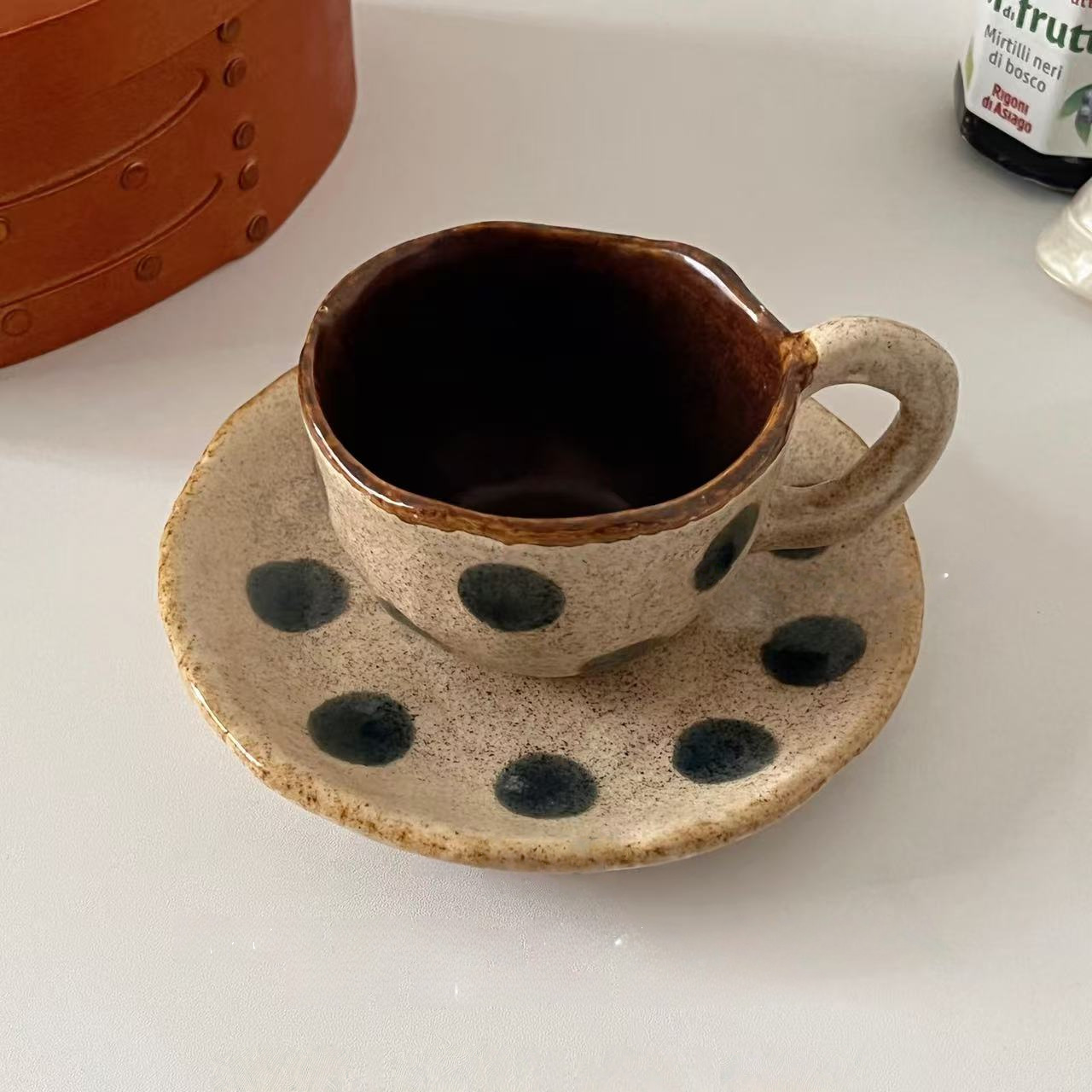 Vintage Handmade Polka Dot Coffee Mug & Saucer, Japanese Style Latte Art Cup
