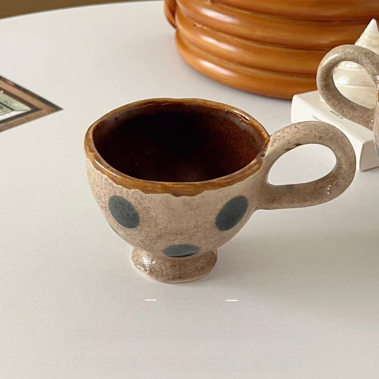 Vintage Handmade Polka Dot Coffee Mug & Saucer, Japanese Style Latte Art Cup