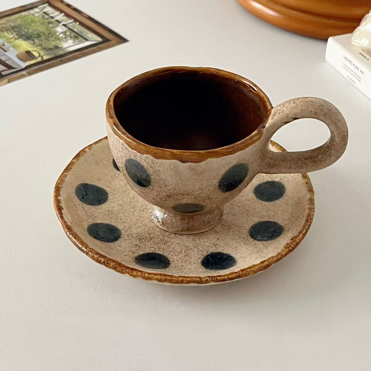Vintage Handmade Polka Dot Coffee Mug & Saucer, Japanese Style Latte Art Cup