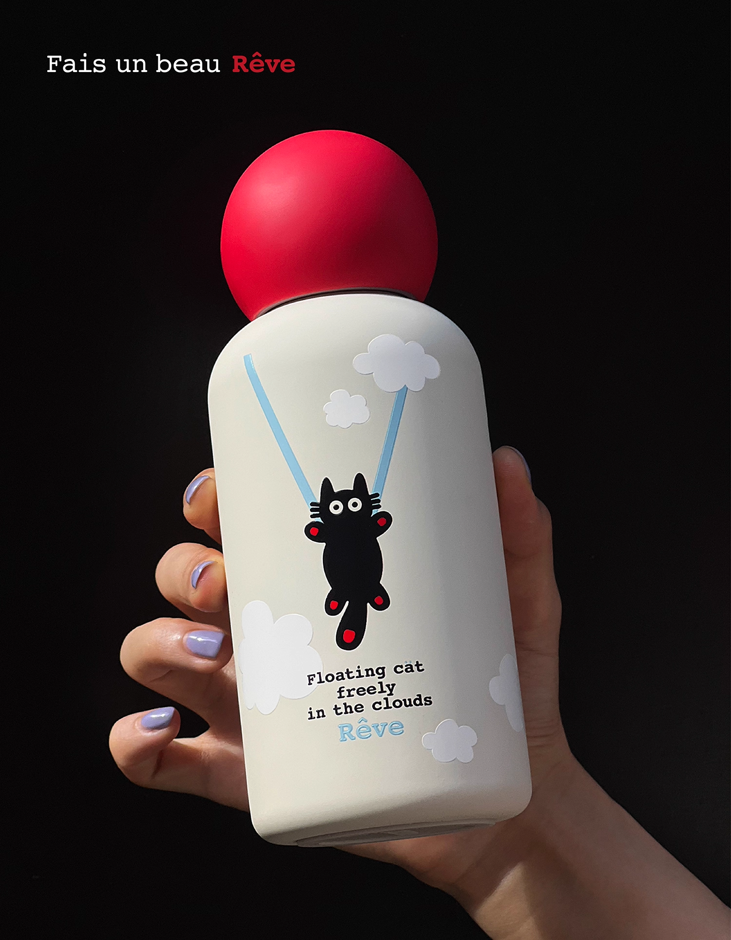 316 Stainless Steel Vacuum Insulated Travel Mug – 350mL Portable Thermos Cup | “Hot Air Balloon Black Cat” Design