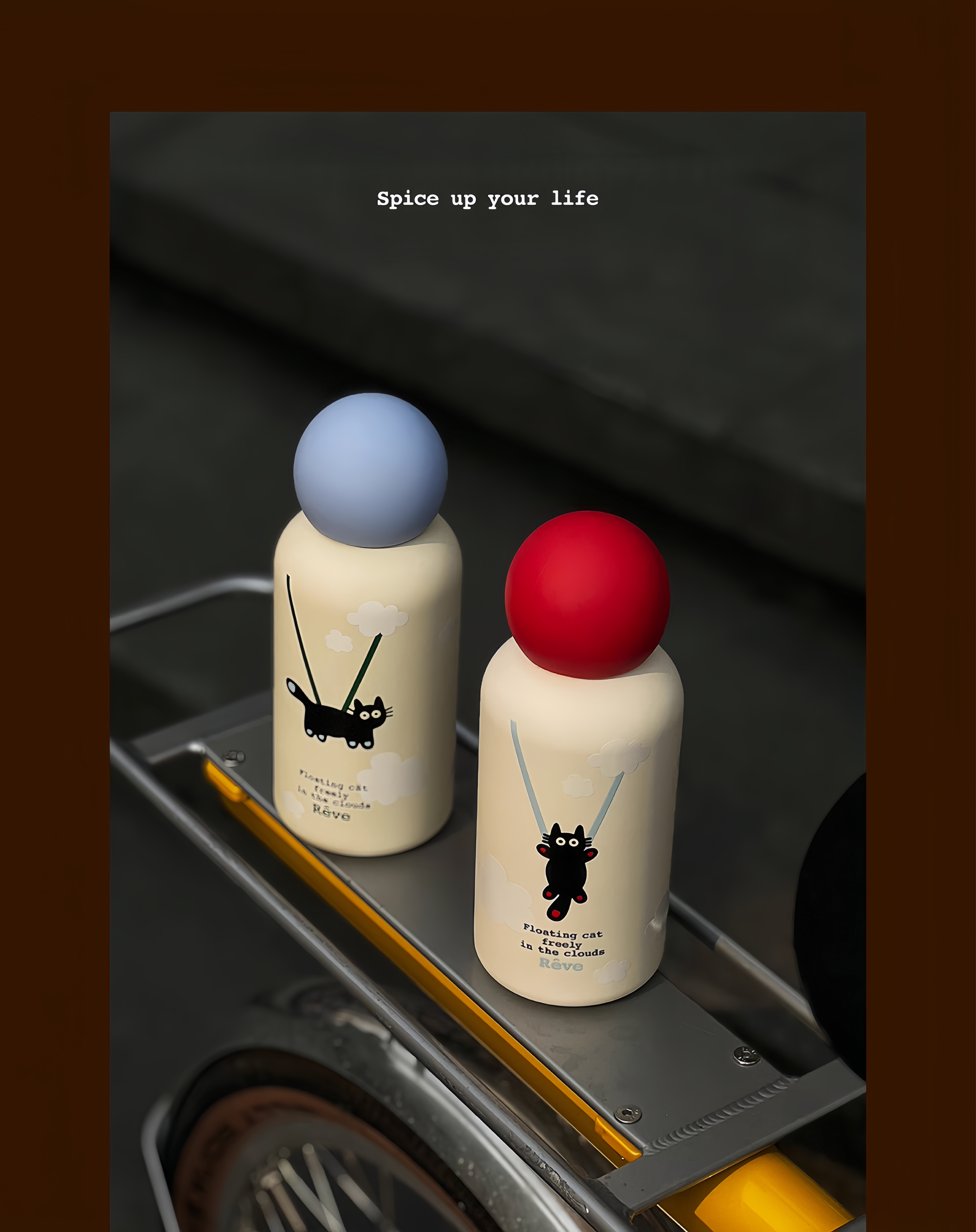 316 Stainless Steel Vacuum Insulated Travel Mug – 350mL Portable Thermos Cup | “Hot Air Balloon Black Cat” Design